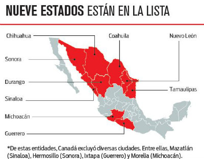 Mapa de estados mexicanos recomendados para no visitar