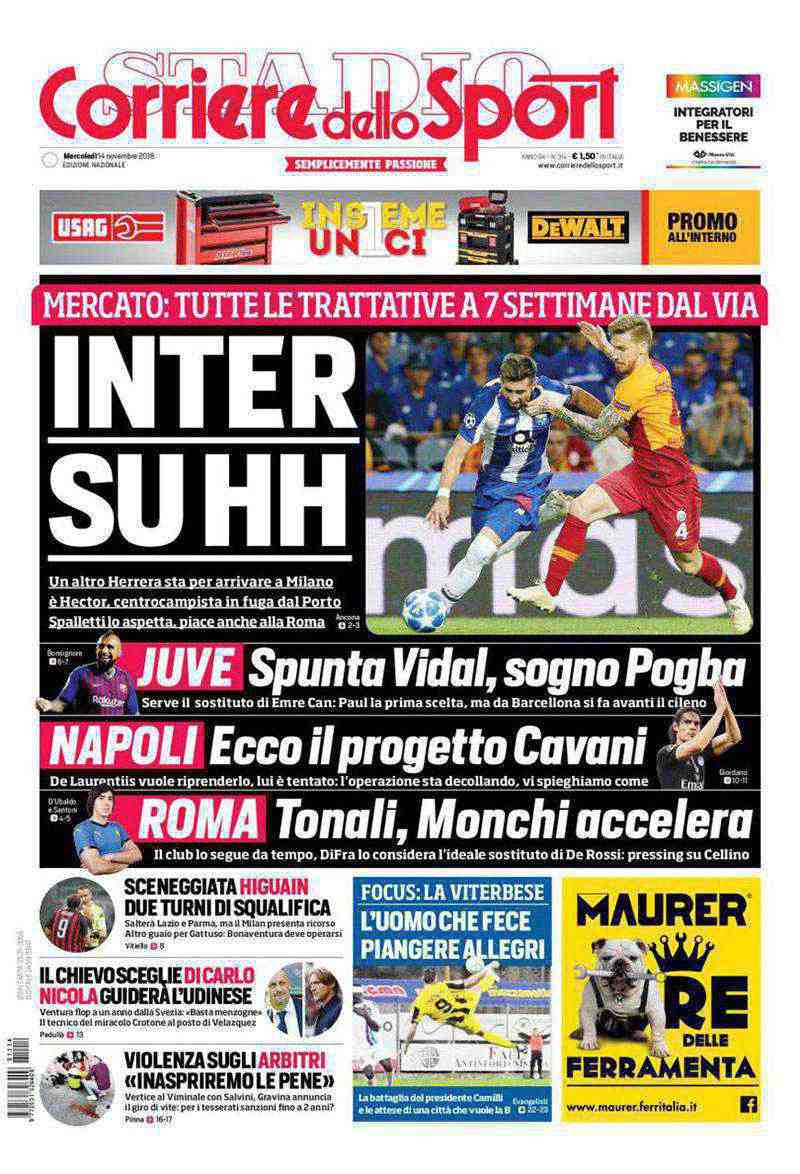 Así luce la portada del Corriere dello Sport del 14 de noviembre