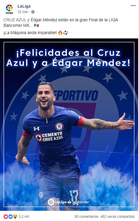 Publicación en el que La Liga felicitó a Cruz Azul y Méndez