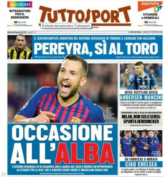 El diario italiano dedicó su portada a Jordi Alba