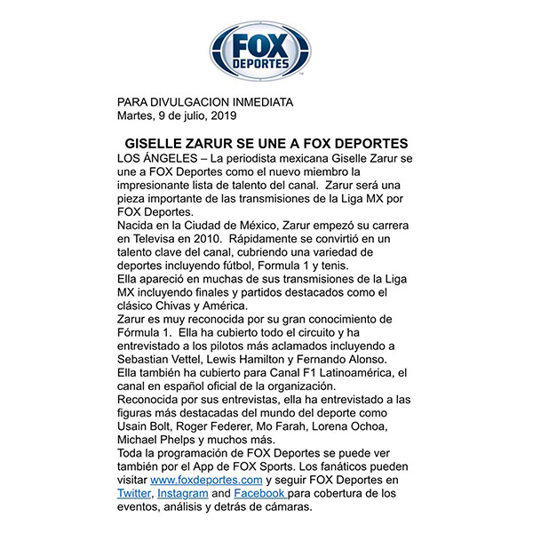 El comunicado con el que Fox Deportes anunció la contratación de Zarur