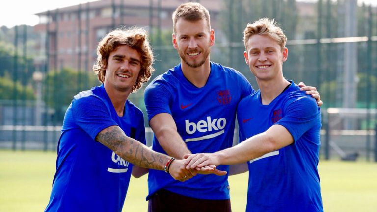 Antoine Griezmann, Neto y Frankie de Jong en su primer día de entrenamiento con Barcelona