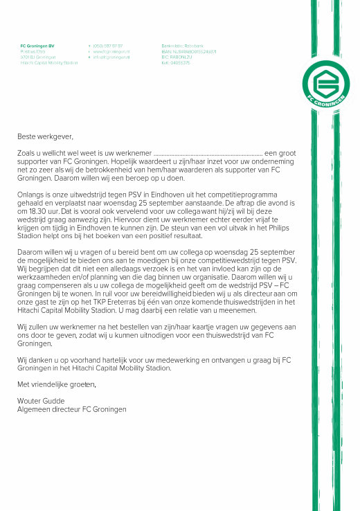 Carta del Groningen para sus aficionados 