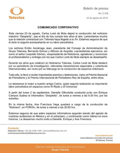 El comunicado de prensa de Televisa