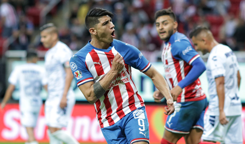 Alan Pulido festeja uno de sus goles vs Veracruz