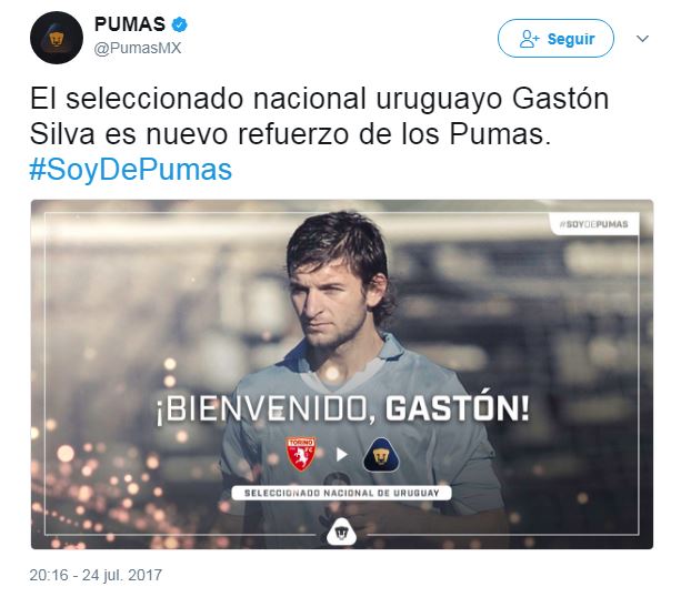 Pumas anunció en Twitter la llegada de Gastón Silva
