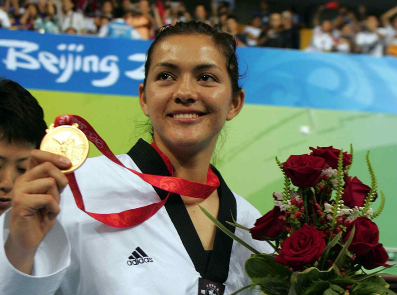 María del Rosario Espinoza tras ganar el Oro en Beijing 2008