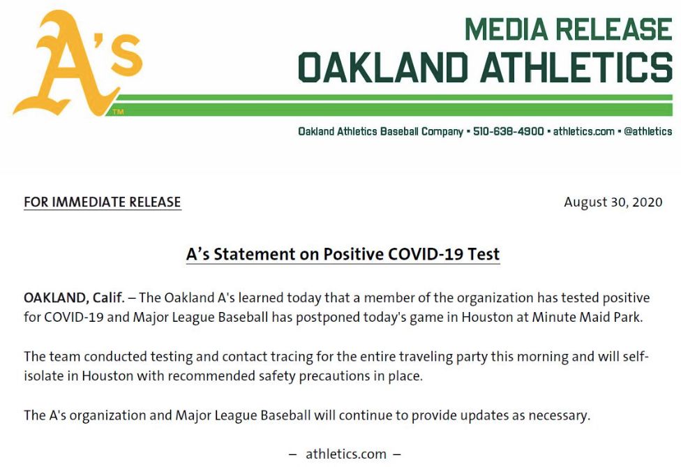 El comunicado que publicó el equipo de Oakland 