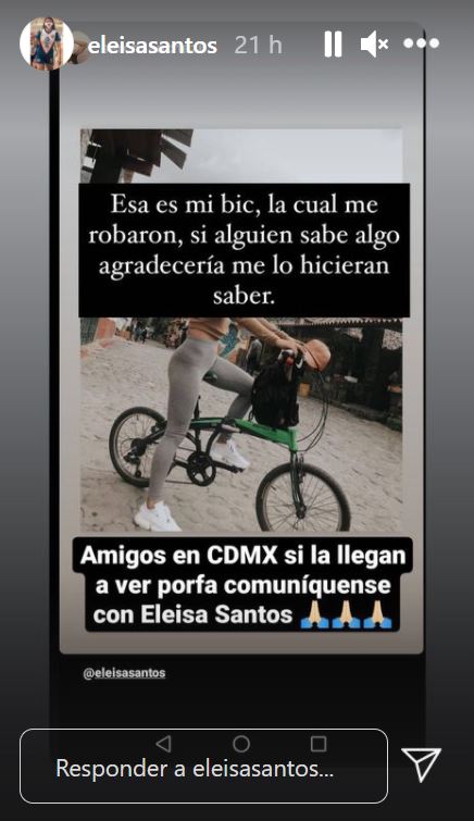 Eleisa Santos compartió una imagen de la bicicleta que le robaron 