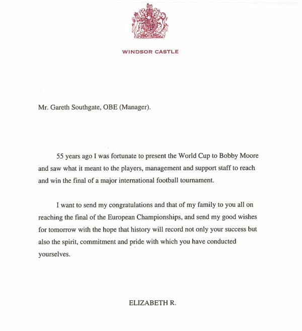 Carta de la reina Isabel II a Gareth Southgate
