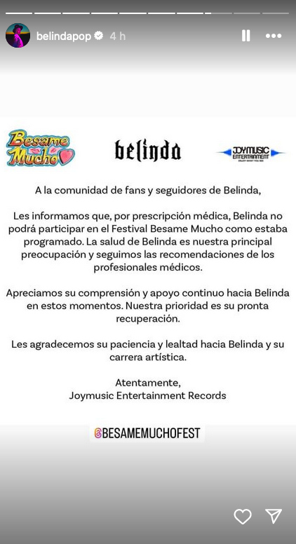 Belinda publicó un comunicado sobre su cancelación.