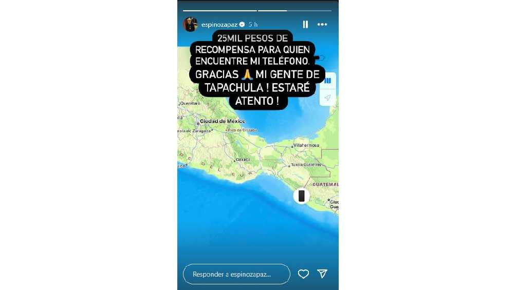 Espinoza Paz compartió un mapa con el rastreo de su celular y el monto de la recompensa. 