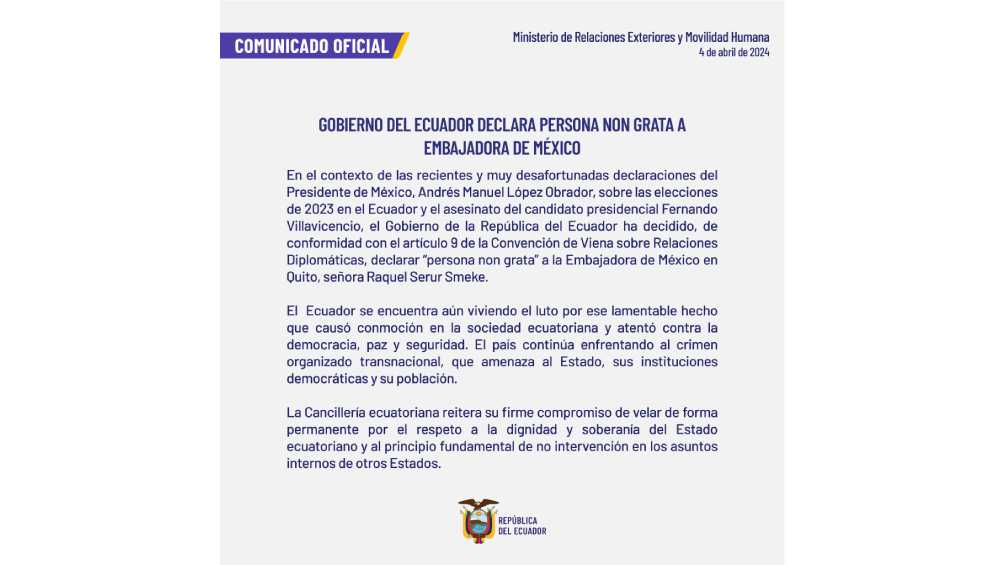 Mediante un comunicado, el Gobierno de Ecuador dio a conocer su postura. 
