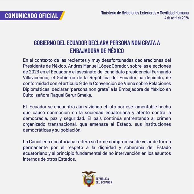 Ecuador pidió la expulsión de la diplomática mexicana.