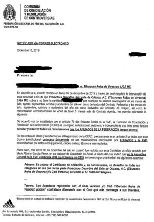 Carta de la FMF explicando que Veracruz ya no es afiliafo