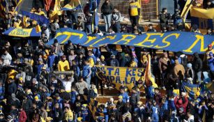 Aficionados de Tigres apoyan a su equipo en las gradas del Volcán