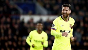 Messi sonríe tras su gol contra el PSV en Champions