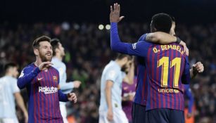 Dembélé festeja con Suárez y Messi su gol vs el Celta