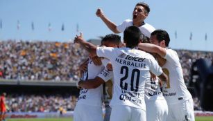 Jugadores de Pumas festejan gol de González
