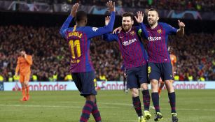 Messi, Alba y Dembélé celebran una anotación del '10'