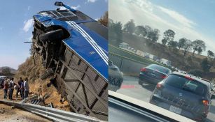 Carretera México-Puebla: Colapsada y con largas filas de automovilistas detenidos por volcadura de autobús