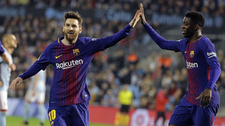 Messi y Dembélé celebran una anotación en La Liga