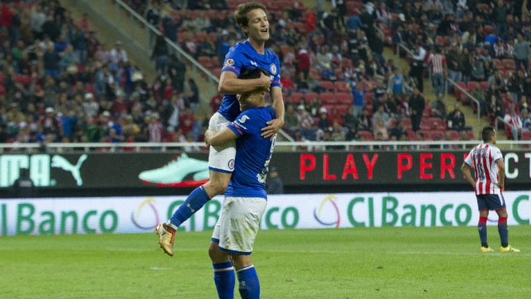 Felipe Mora y Carlos Fierro celebran un gol contra Chivas 