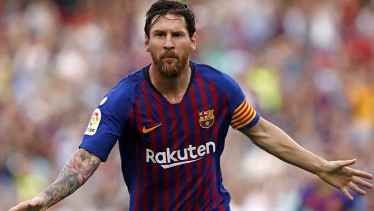 Messi celebra una anotación con el Barça en España