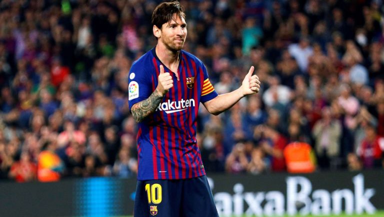 Messi celebra su anotación contra Sevilla en La Liga 