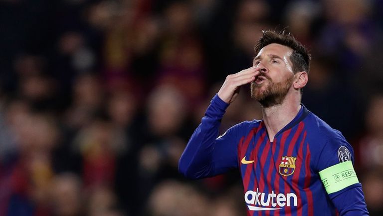 Messi festeja en el partido del Barcelona 