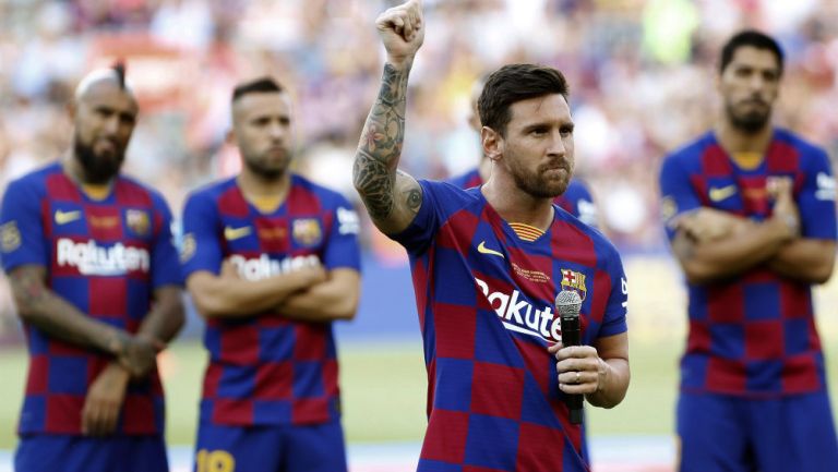 Lio Messi dedicando unas palabras a la afición del Barcelona