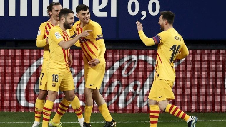 Jugadores del Barça celebran gol vs Osasuna