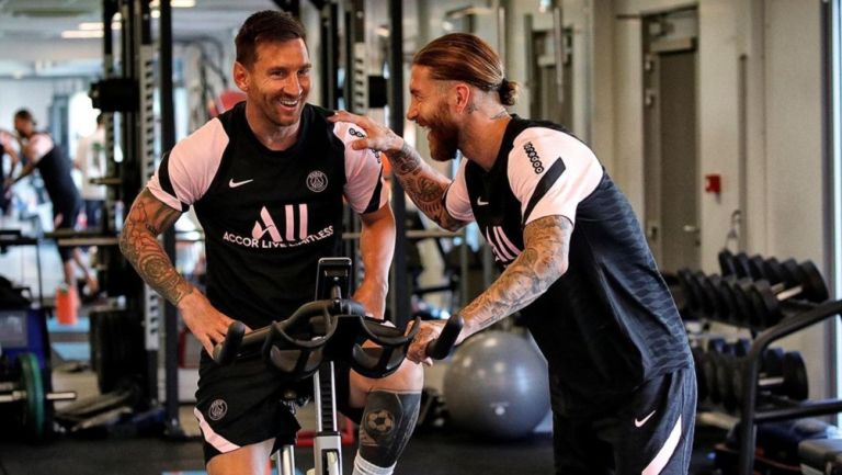 Lionel Messi y Sergio Ramos en un entrenamiento del PSG
