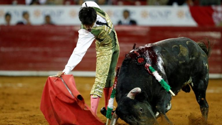 José Alberto Ortega lidia a su segundo toro en la Plaza de Toros México
